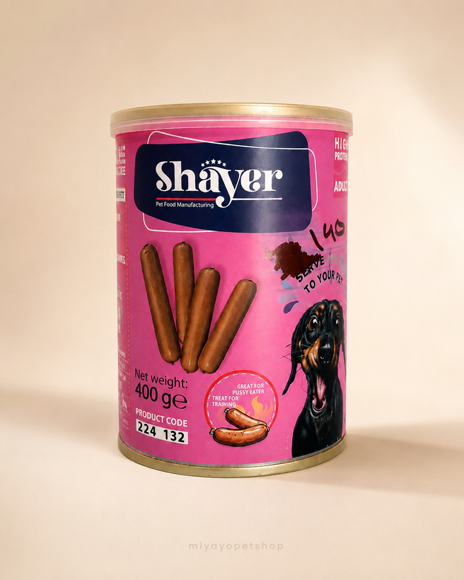 کنسرو سوسیس سگ شایر با طعم دودی در سس Shayer Smoky Sausage وزن 400 گرم