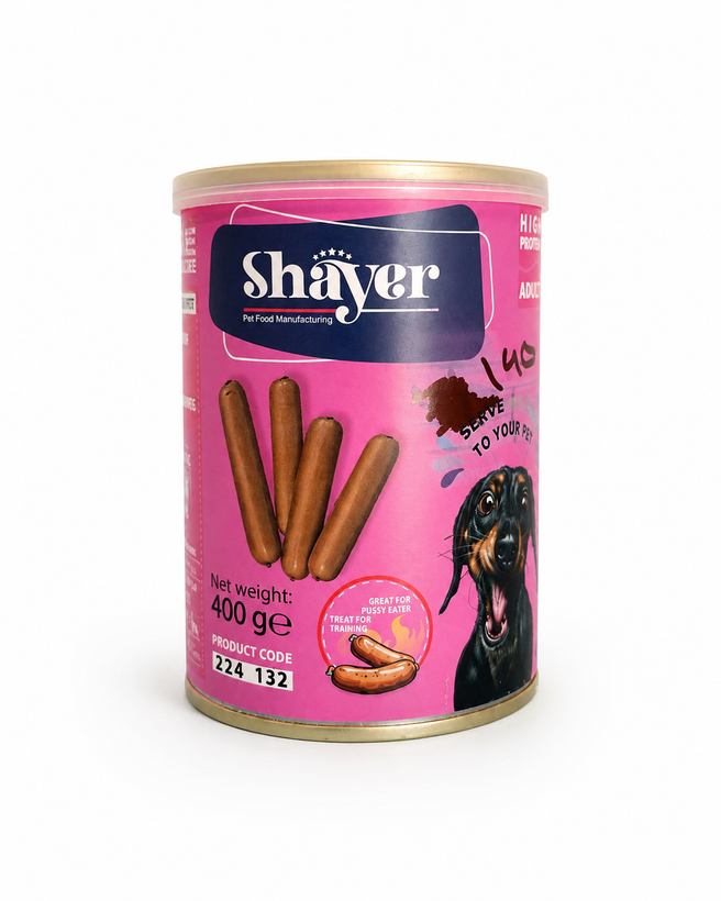 کنسرو سوسیس سگ شایر با طعم دودی در سس Shayer Smoky Sausage وزن 400 گرم
